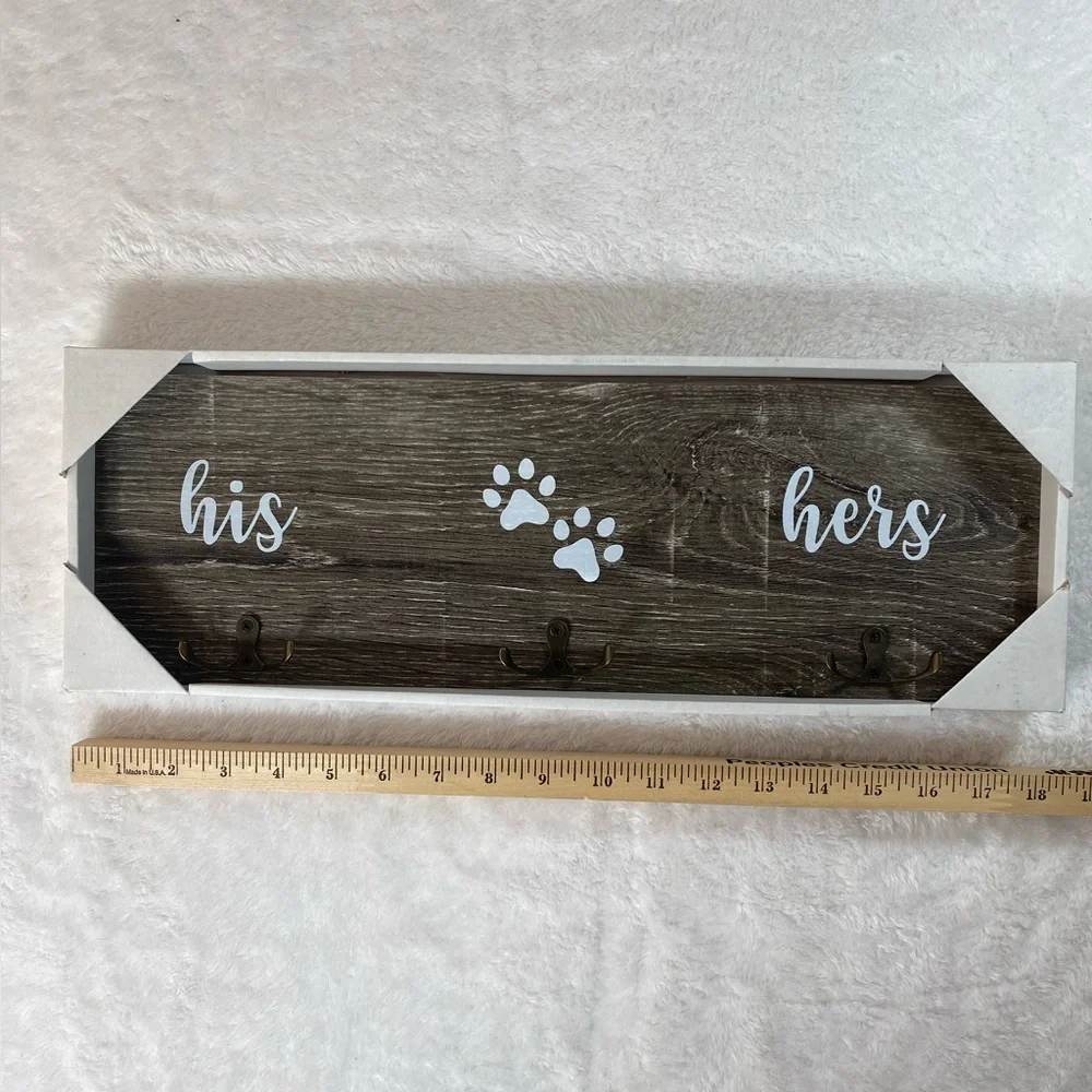 Rustic Wood Wall Hook Rack His Hers Paws Dog Leash Key Holder Entryway Decor